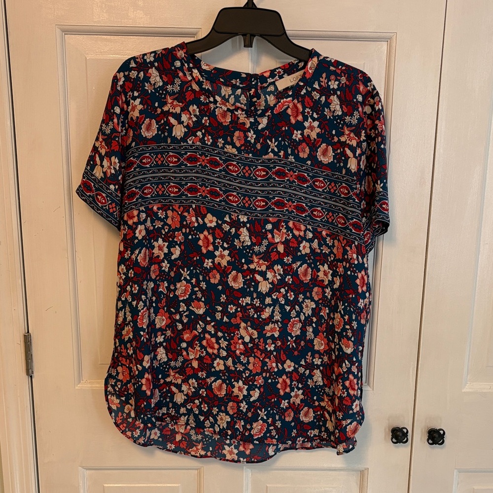 Ann Taylor Navy and Red Floral Blouse